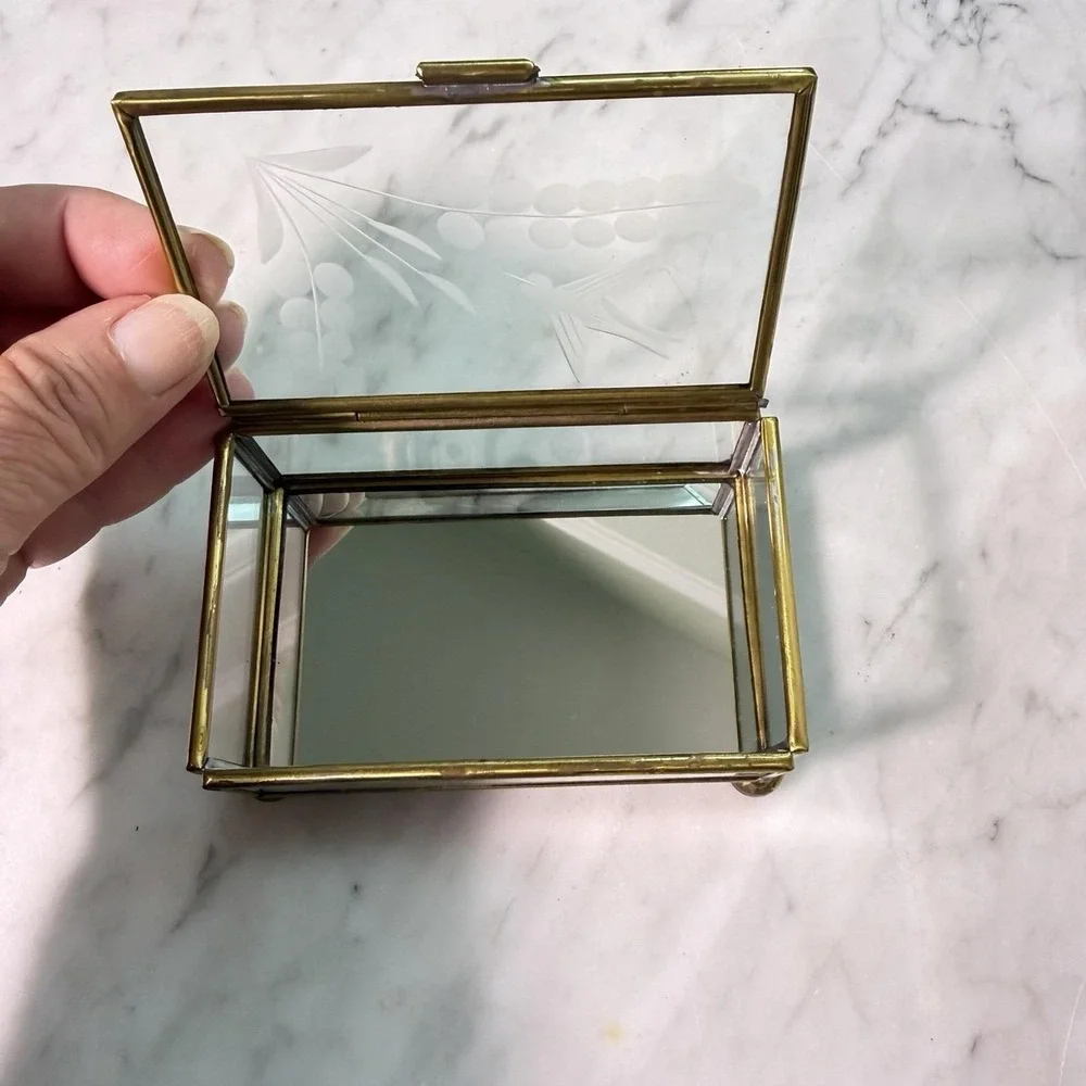 Vintage 80s Mexican Brass Etched Glass Swallow Trinket Box‎ Bird Vanity Mirror